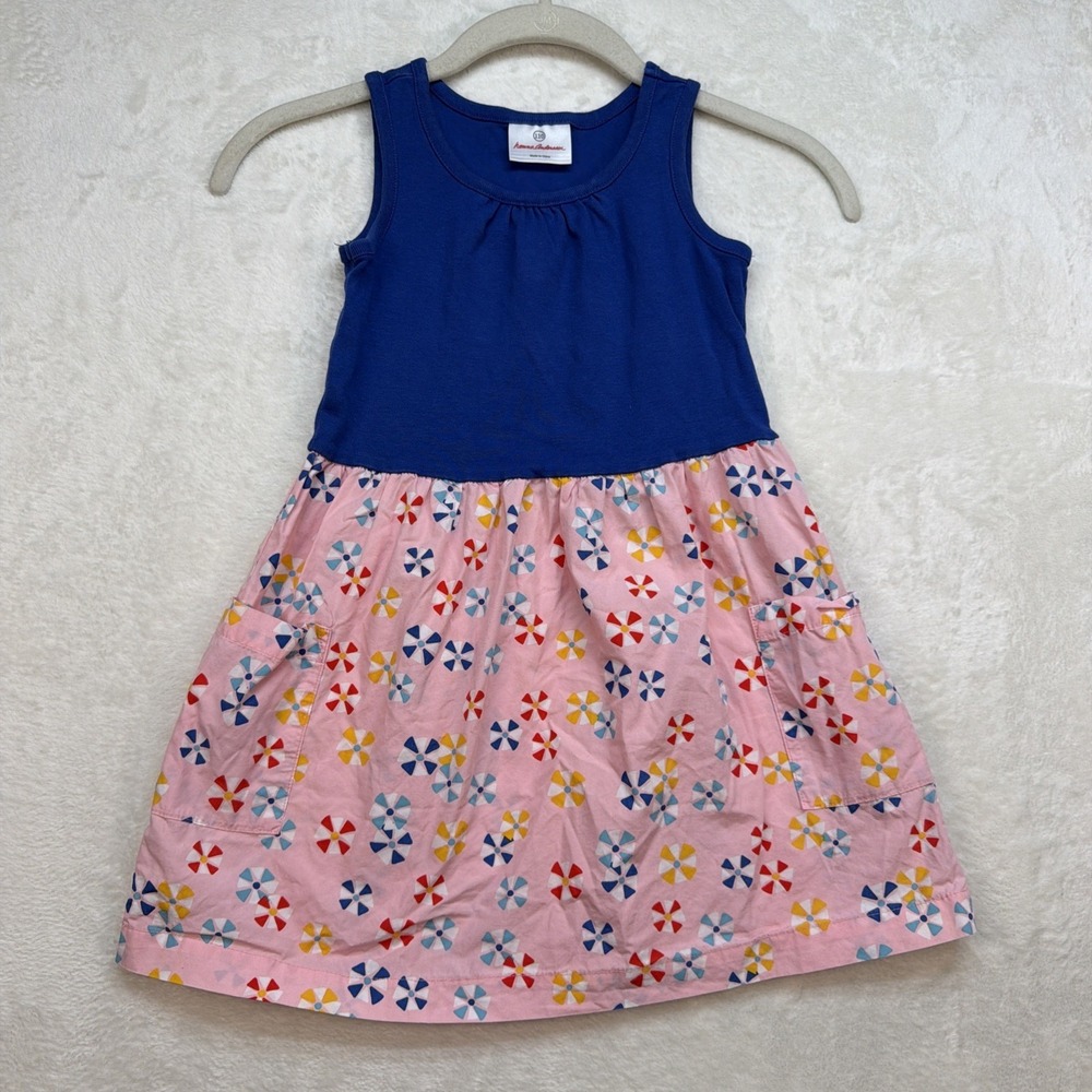 Hanna Andersson Girls Dress‎ Size 110 US 5 Blue Pink Twirl Cotton Summer
